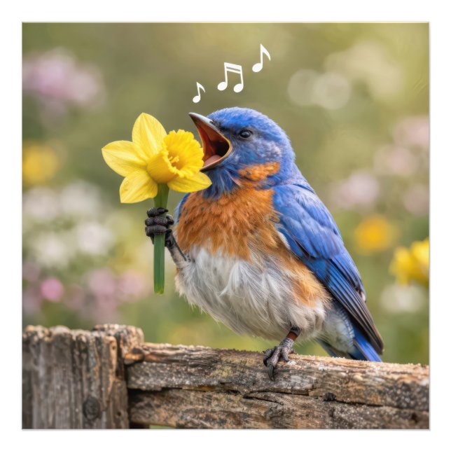 Impression Photo Merle bleu chantant dans une trompette de daffodil (Devant)
