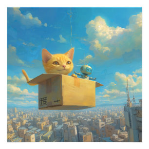 Impression Photo Merveilleux chat et petit robot : La boîte volante