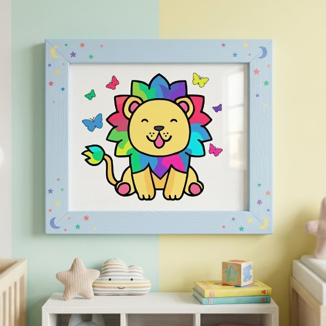 Impression Photo Mignon lion Kawaii souriant avec papillons de dess (Cute smiling Kawaii Lion with Butterflies Cartoon. Photo Print)