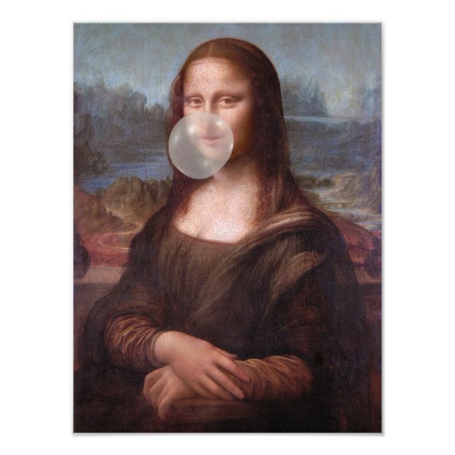 Impression Photo Mona Lisa soufflant du chewing-gum gris (Devant)