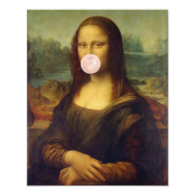 Impression Photo Mona Lisa soufflant un bubble gum rose  (Devant)