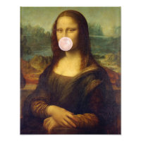 Mona Lisa soufflant un bubble gum rose 