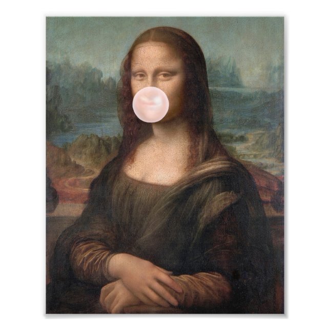 Impression Photo Mona Lisa soufflant un bubble gum rose  (Devant)