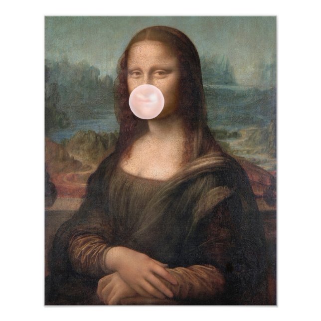 Impression Photo Mona Lisa soufflant un bubble gum rose  (Devant)