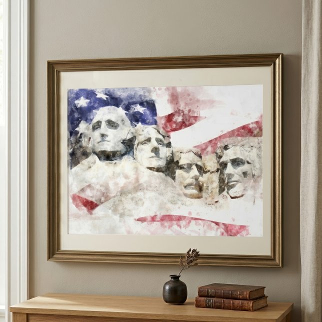 Impression Photo Mont Rushmore Aquarelle avec drapeau américain (Mount Rushmore Watercolor with American Flag. Photo Print)