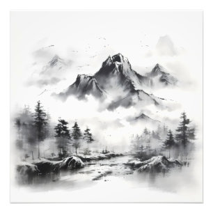 Impression Photo Montagnes de peinture à l'encre Sumi-e