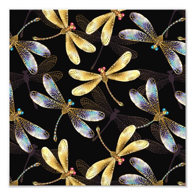Impression Photo Motif sans couture avec libellules dorées (Devant)