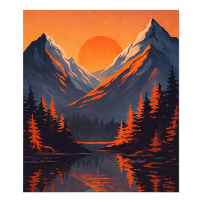 Impression Photo Mountain Sunset Reflection Fiery Orange Sky  (Devant)