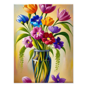Impression Photo Nature morte vibrante avec des fleurs dans un vase
