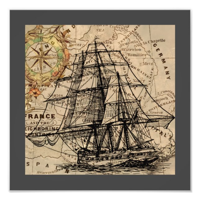 Impression Photo Navire Ancien et Carte (Devant)