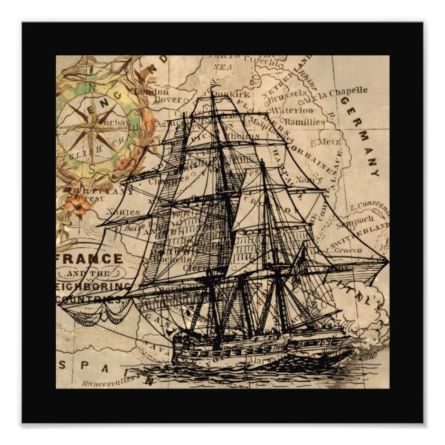 Impression Photo Navire Ancien et Carte (Devant)