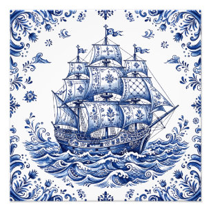 Impression Photo Navire marchand de style Delft bleu blanc