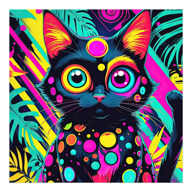 Impression Photo ✨ Neon Psychedelic Cat – Pop Art Design 🎨🐱 (Devant)