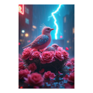 Impression Photo Nid d'oiseau rose sous ciel éclair - Surreal