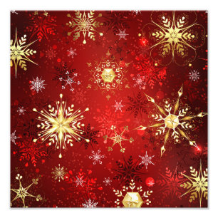 Impression Photo Noël Golden Snowflakes sur Arrière - plan rouge