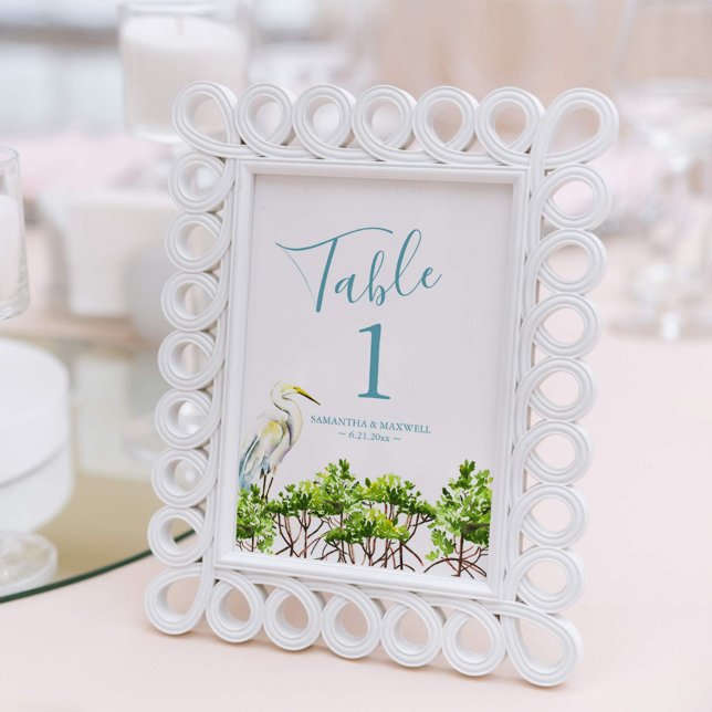 Impression Photo Numéro de tableau Watercolor Beach Wedding 4x6 (Beach wedding table numbers watercolor tropical bird and mangroves Key West and Florida Keys)