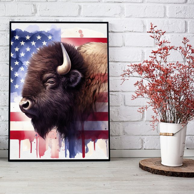 Impression Photo Œuvre d'art majestueuse représentant des bisons am (Majestic American Bison & Patriotic Flag Artwork. Photo Print)