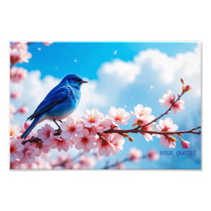 Impression Photo Oiseau bleu sur branche de fleurs de cerisier