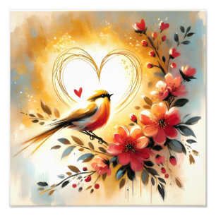 Impression Photo Oiseau Chanteur Doré avec Fleurs de Corail et Cœur