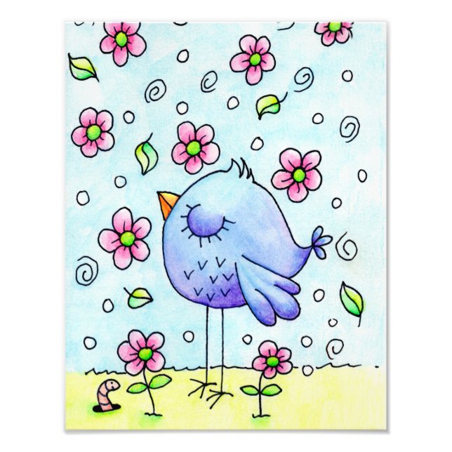Impression Photo Oiseau Et Fleurs Bleus Whimsical (Devant)