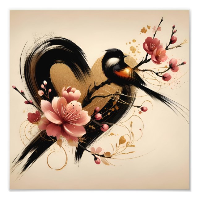 Impression Photo Oiseau Noir et Cœur de Fleur de Cerisier (Devant)