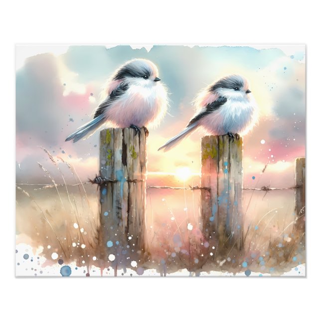 Impression Photo Oiseaux à l'aquarelle pastel sur une clôture au co (Devant)