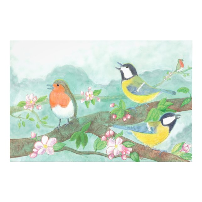 Impression Photo Oiseaux chantant sur une branche d'arbre en fleurs (Devant)
