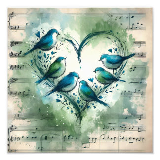 Impression Photo Oiseaux chanteurs bleus cœur aquarelle avec feuill