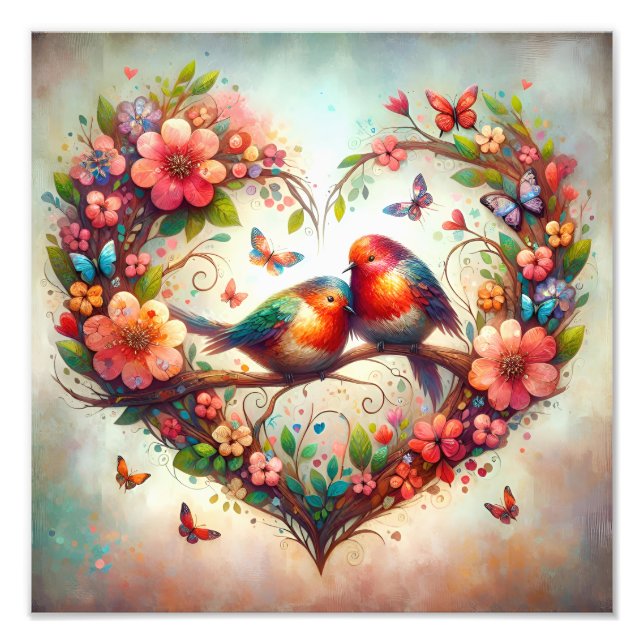 Impression Photo Oiseaux de l'amour romantique dessin à l'aquarelle (Devant)