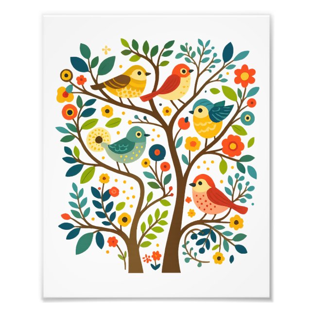 Impression Photo Oiseaux et fleurs Art populaire scandinave (Devant)
