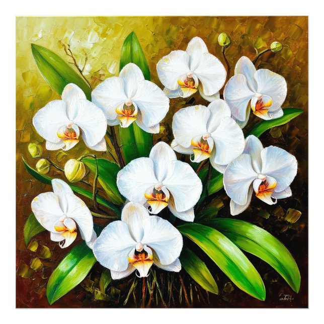 Impression Photo Orchidées blanches avec feuilles vertes (Devant)