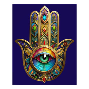Impression Photo Orné Hamsa Coloré Or Sur Fond Rouge Troisième Œil