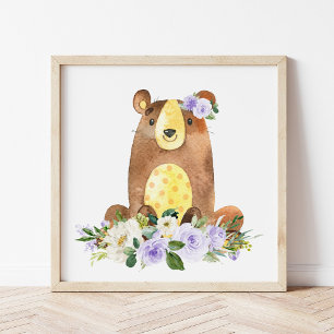 Impression Photo Ours, Animaux De Bois, Boho, Fleurs Violettes