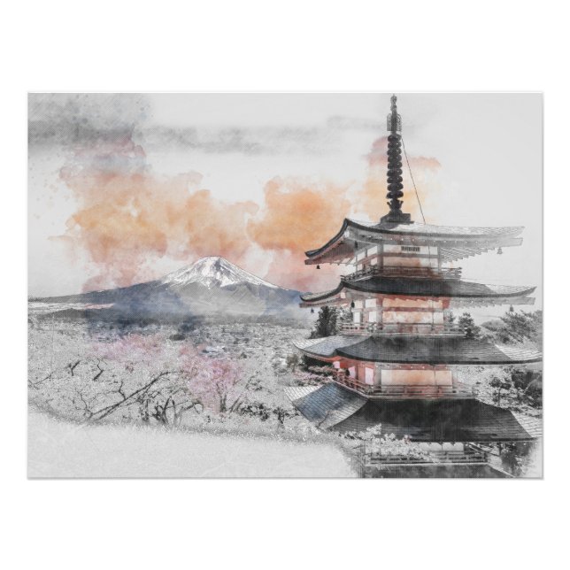Impression Photo Pagode japonaise & Mont Fuji à l'aquarelle  (Devant)