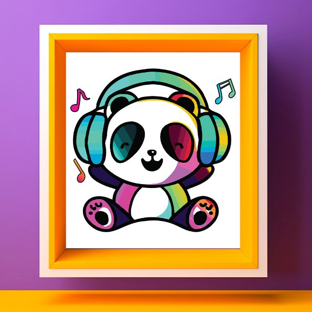 Impression Photo Panda heureux avec des écouteurs en train d'écoute (Happy Panda with headphones listening to music. Photo Print)