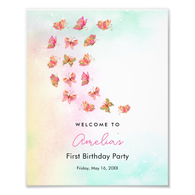 Impression Photo Panneau d'anniversaire Fille Papillon Rose Volant  (Devant)