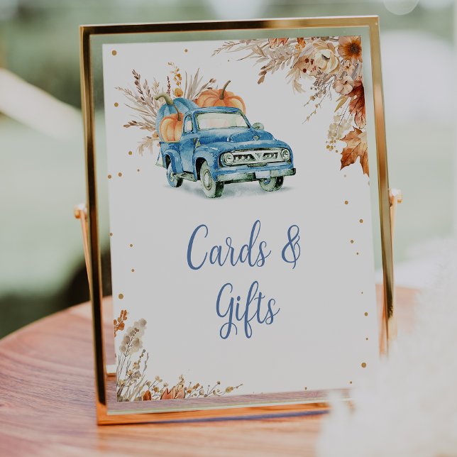 Impression Photo Panneau de Baby shower de camion Citrouille bleu r (Little Pumpkin Baby Shower Sign, Editable Blue Pumpkin Boys Truck Baby Shower Cards and Gifts Sign)