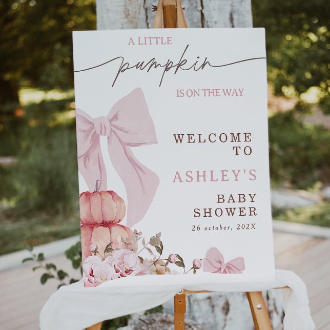Impression Photo Panneau de bienvenue pour baby shower Coquette ros (Croquette Little Pumpkin baby Shower Welcome Sign, Fall Baby Shower Welcomes Poster Pink Bow, Floral)