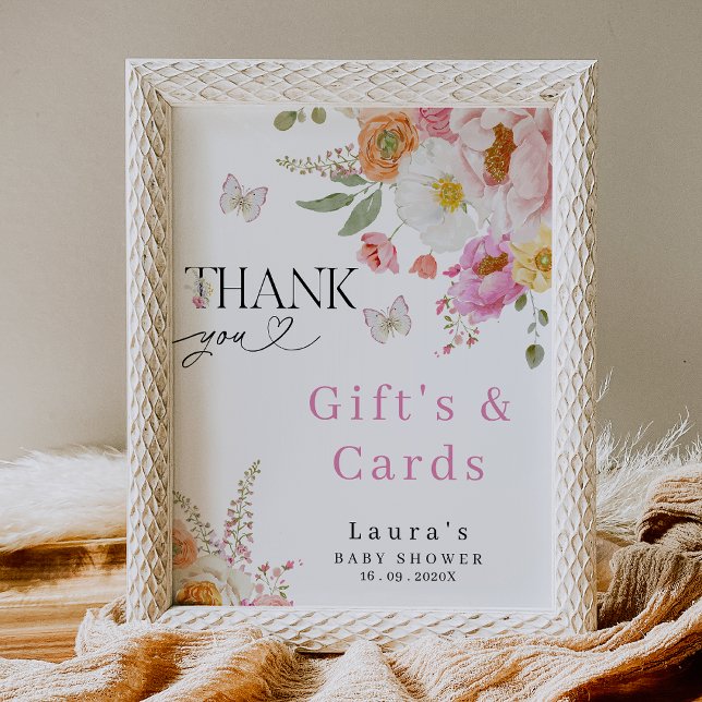 Impression Photo Panneau de Fête de Naissance Fleurs Roses Cadeaux  (Floral baby In Bloom Baby Shower Sign, Gifts and Cards Floral Baby Shower Sign, Flowers Butterflies)