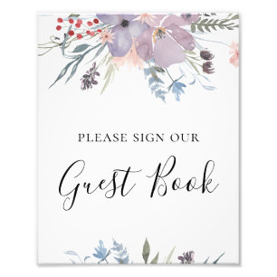 Impression Photo Panneau de réservation de fleurs violettes. Mariag