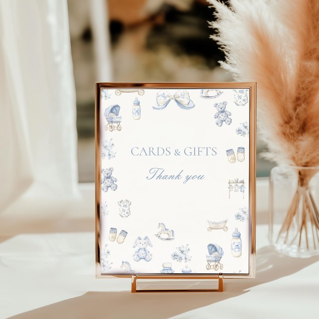 Impression Photo Panneau de table Toile De Jouy Baby Shower ruban b (Toile De Jouy Baby Shower Blue Bow Table Top Sign)