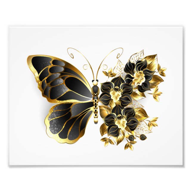 Impression Photo Papillon fleur d'or avec orchidée noire (Devant)