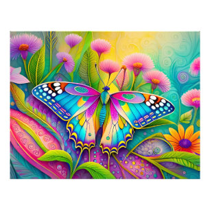 Impression Photo Papillon Psychédélique Coloré et Fleurs Sauvages 