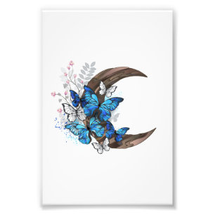 Impression Photo Papillons bleus sur croissant en bois