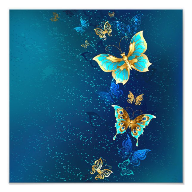 Impression Photo Papillons d'or sur un Arrière - plan bleu (Devant)