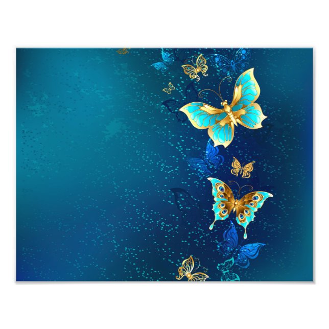 Impression Photo Papillons d'or sur un Arrière - plan bleu (Devant)