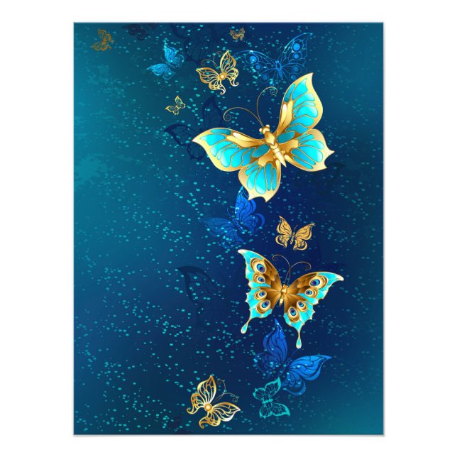 Impression Photo Papillons d'or sur un Arrière - plan bleu (Devant)