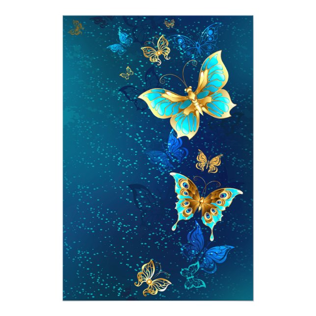 Impression Photo Papillons d'or sur un Arrière - plan bleu (Devant)