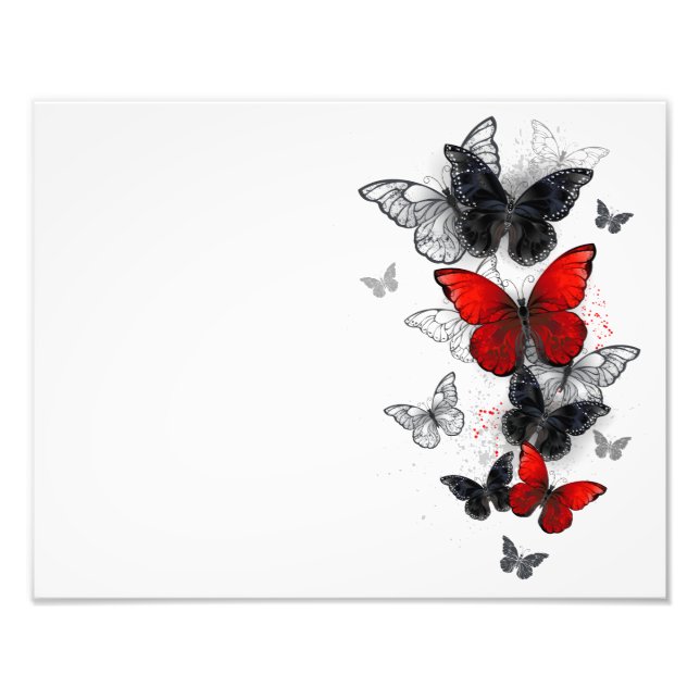 Impression Photo Papillons Morpho Noirs et Rouges en Vol (Devant)