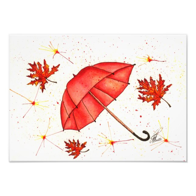 Impression Photo Parapluie rouge vif et aquarelle feuille rouge (Devant)